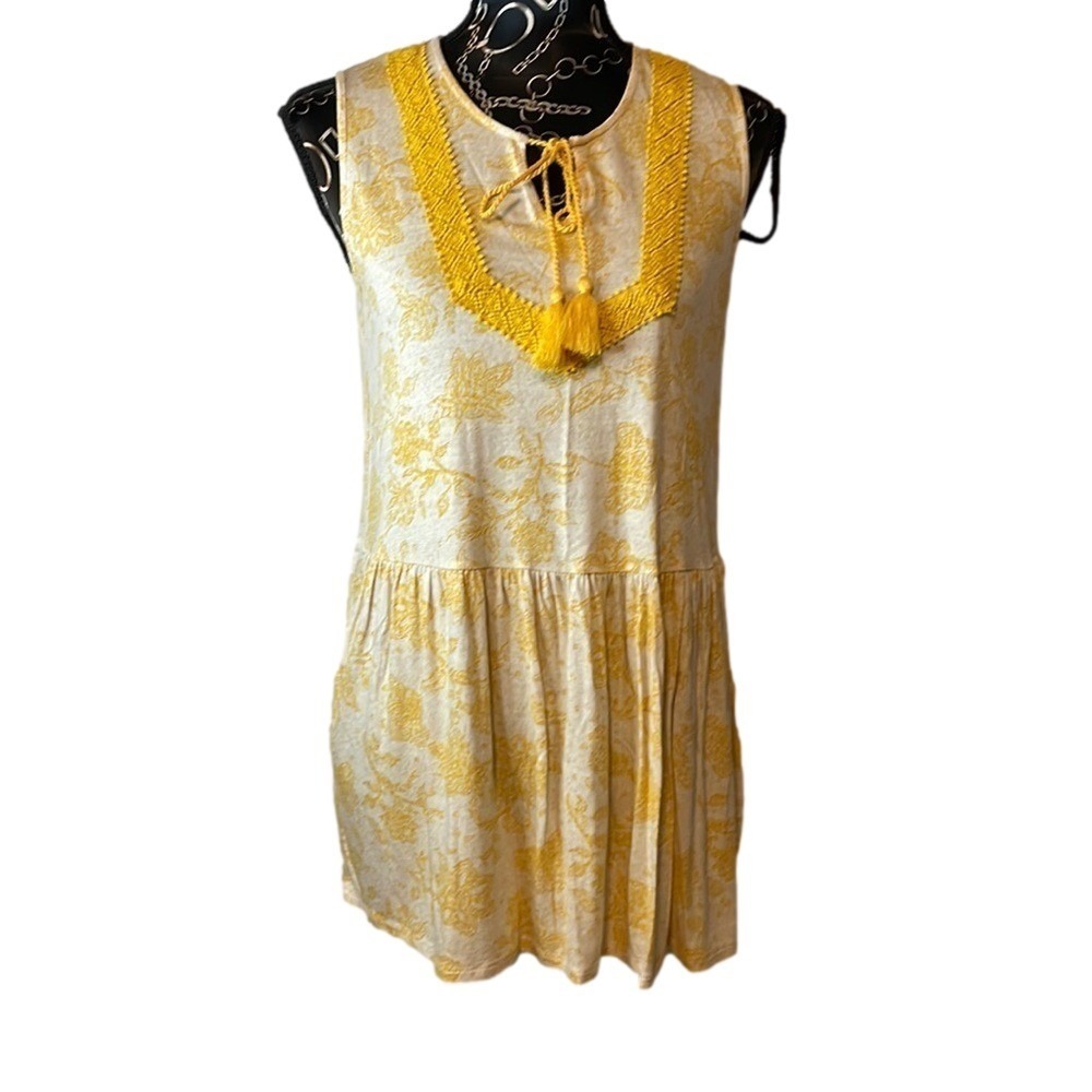 RXB Womens Golden Rod Floral Babydoll‎ Dress Crochet Tassel Neck R2X19712 Medium